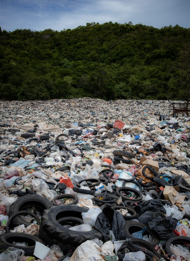 A sea of trash and tires in front of a green forest.